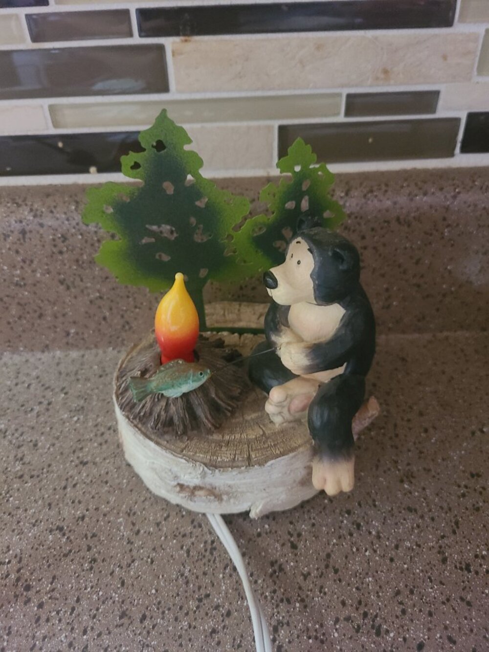 Bear Cooking A Fish Campfire Table Lamp Rustic Night Light Cabin Lodge Pines